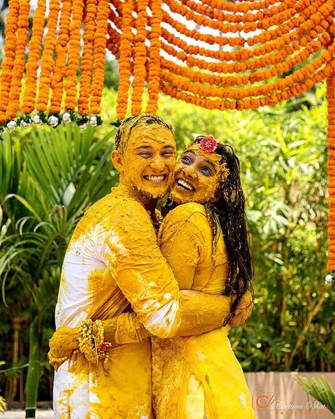 Haldi Couple Traditional Pose
